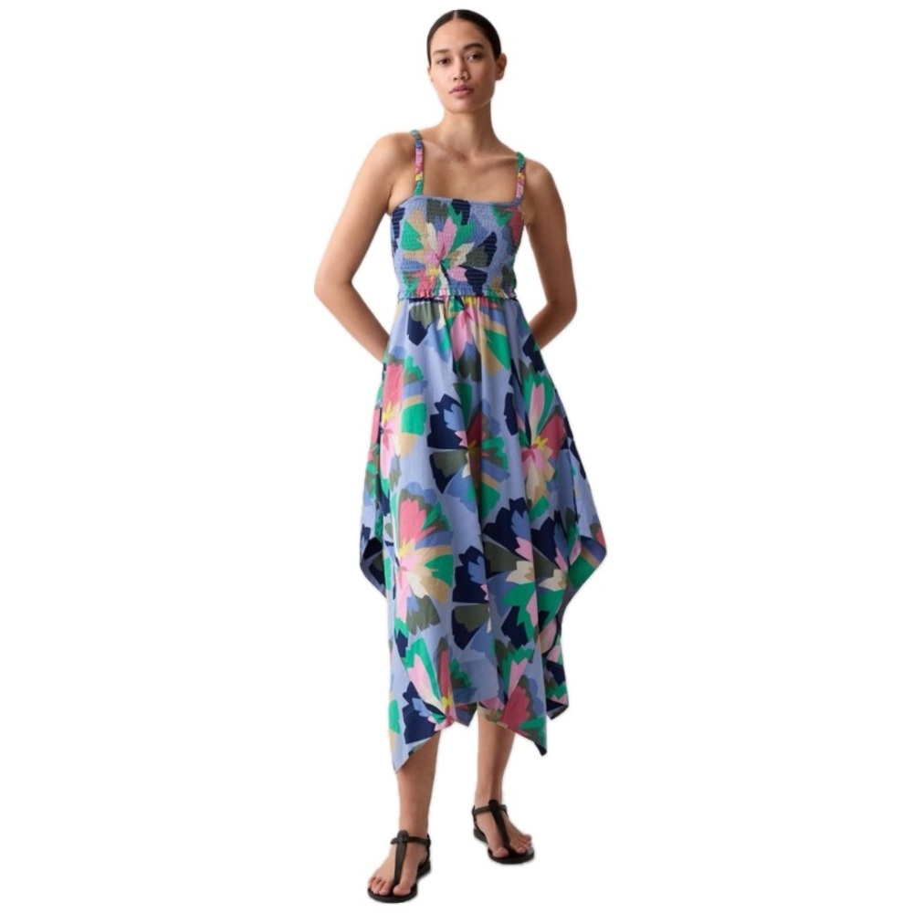 Gap Blue Floral Smocked Handkerchief Hem Midi Dress – Size Medium